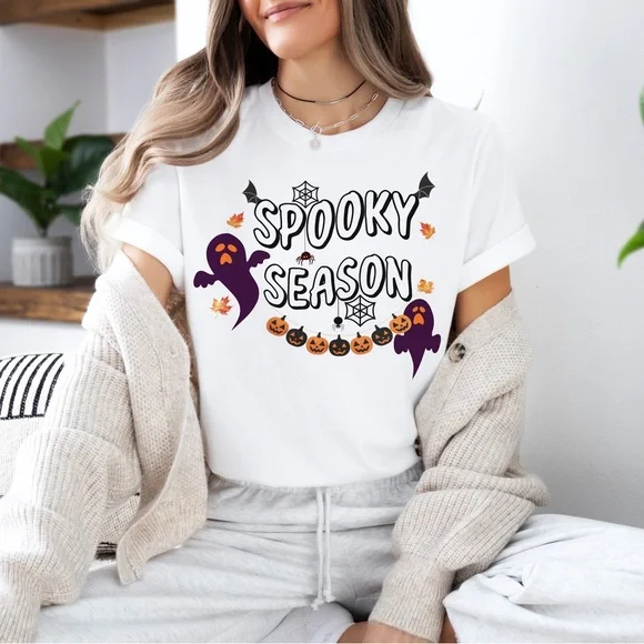 Spooky Season Fall T Shirt Cute Boho Halloween T Shirt Ghosts Graphic T Shirt - Picture 3 of 4